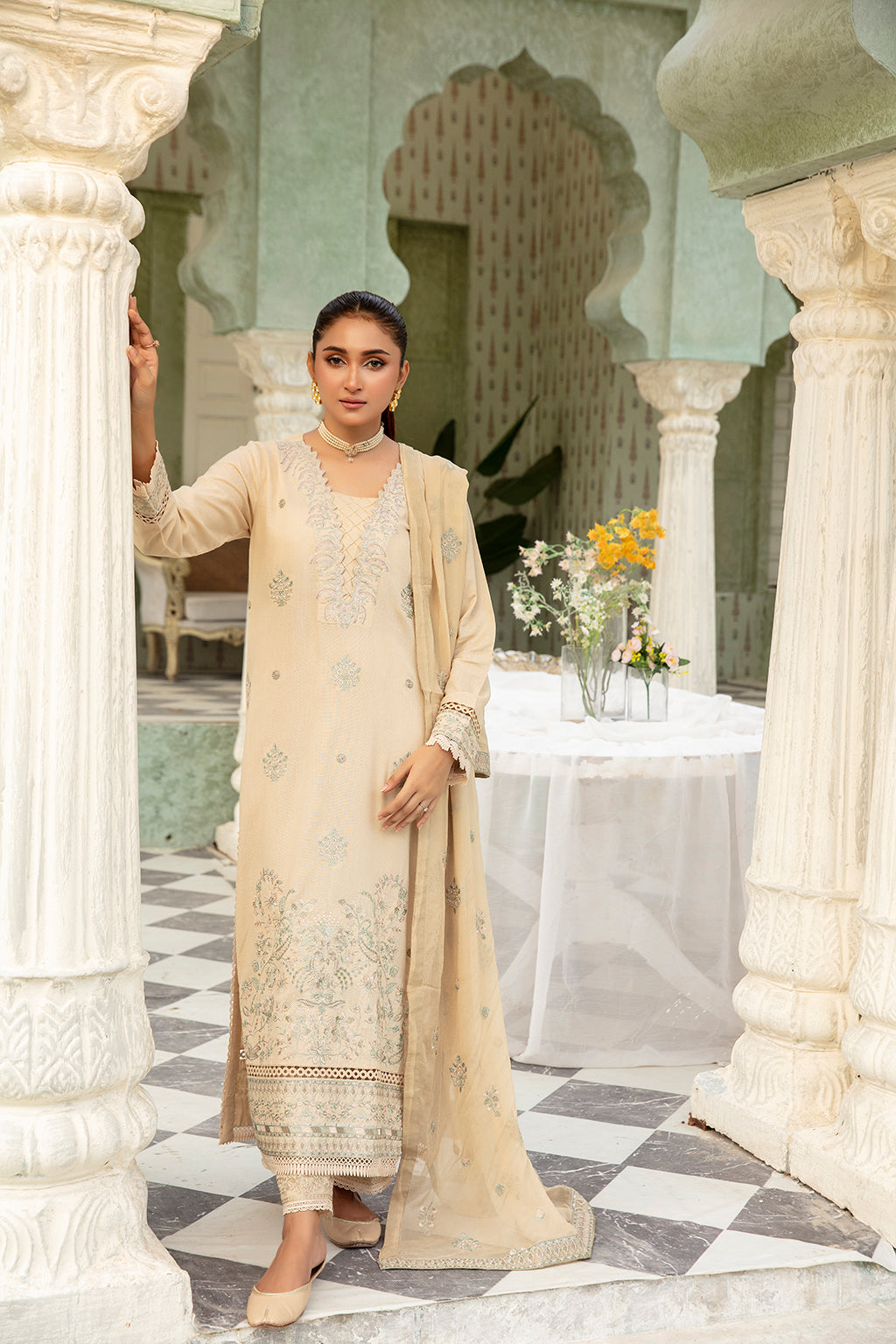 3Piece - Embroidered karandi Suit Mink  JH288