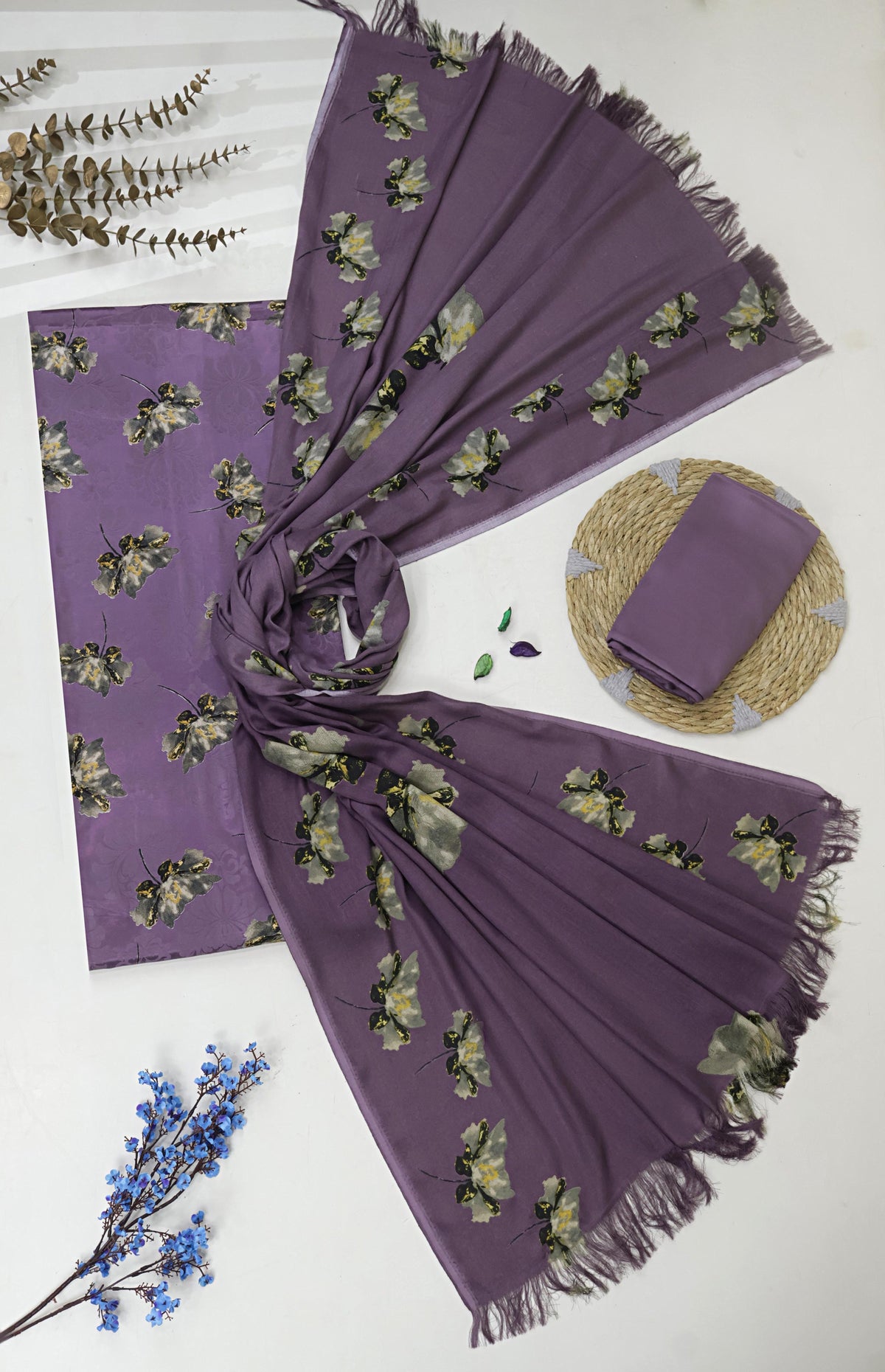 3Piece –  Printed China Patti Marina with Pashmina Shawl  SLK3P12