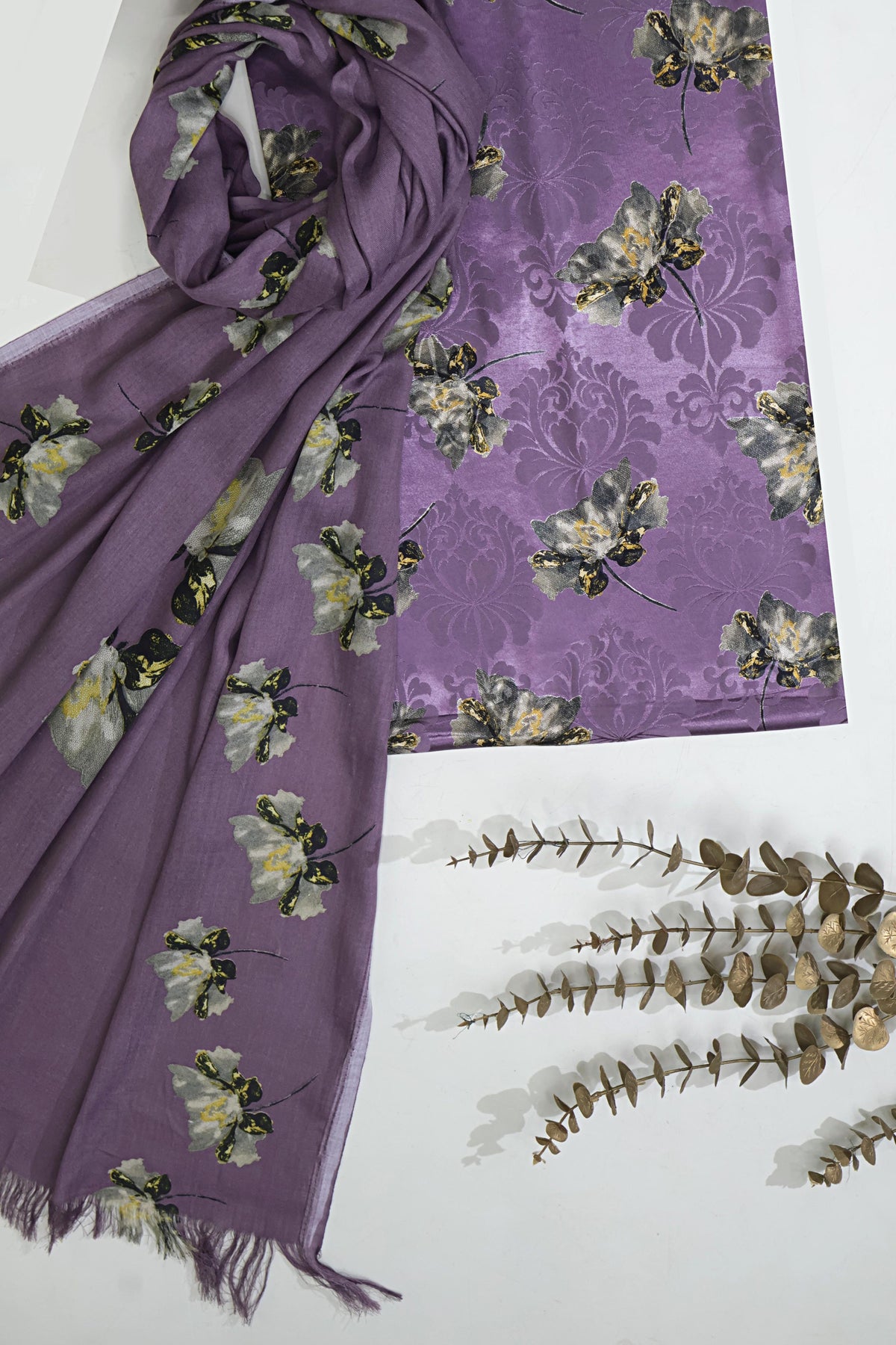 3Piece –  Printed China Patti Marina with Pashmina Shawl  SLK3P12