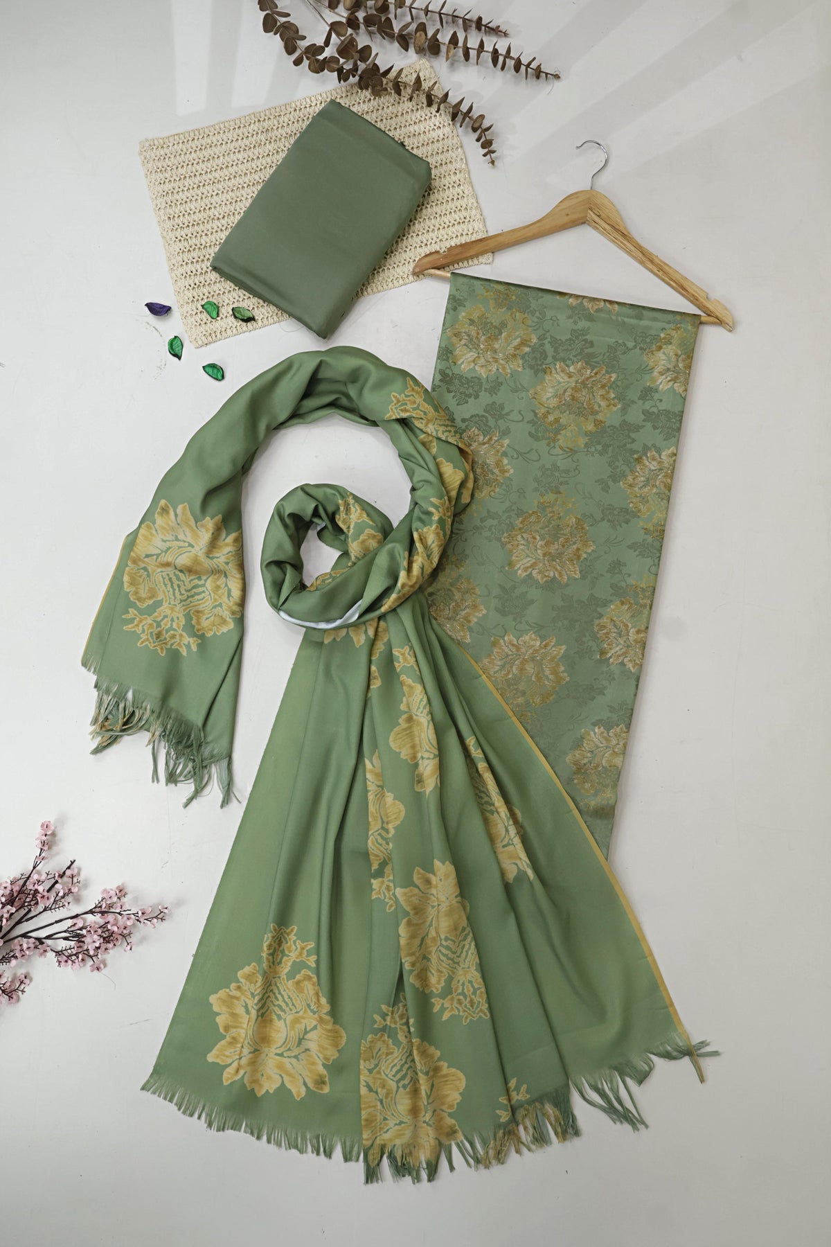 3Piece –  Printed China Patti Marina with Pashmina Shawl  SLK3P23