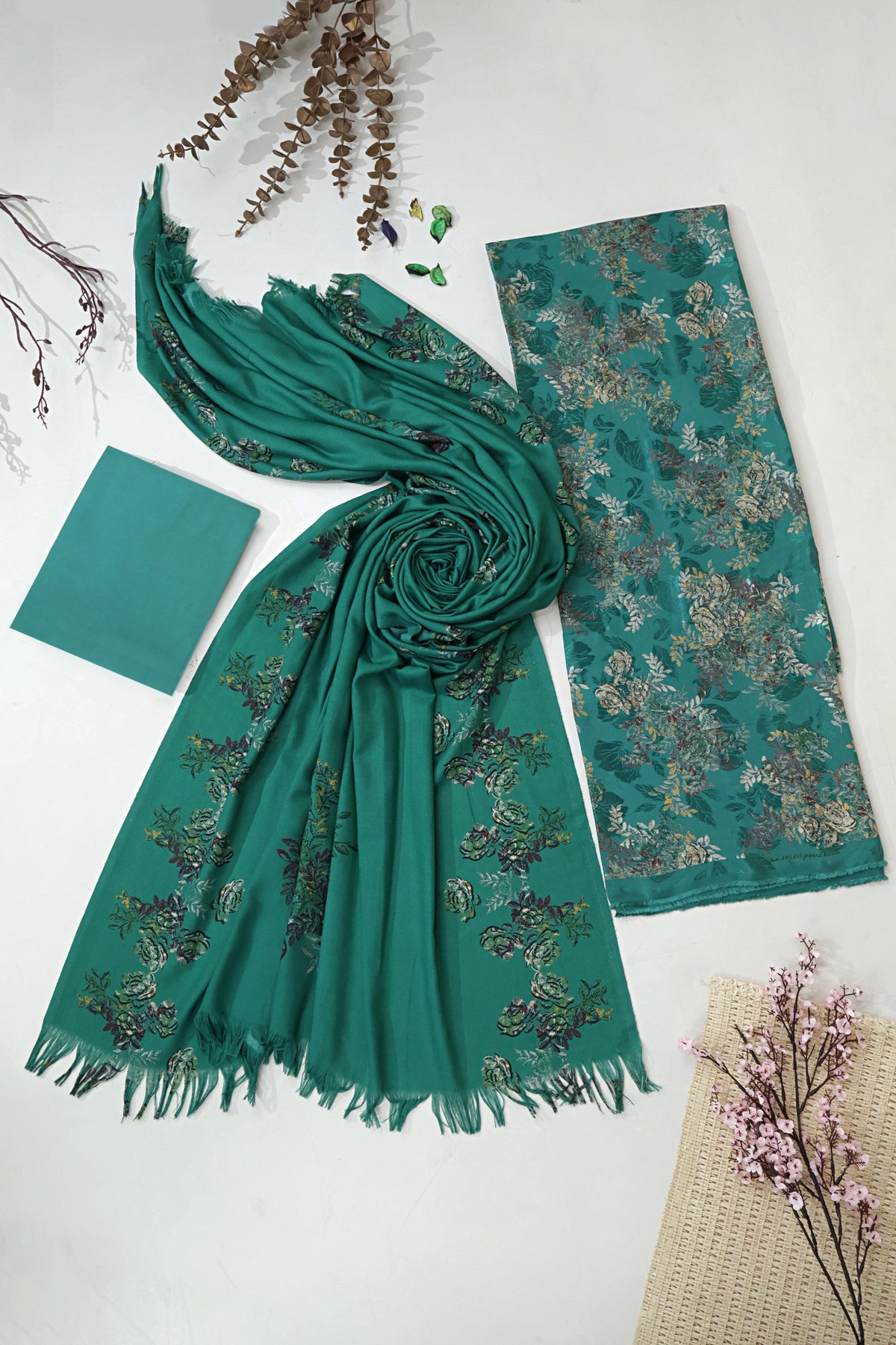 3Piece –  Printed China Patti Marina with Pashmina Shawl  SLK3P19