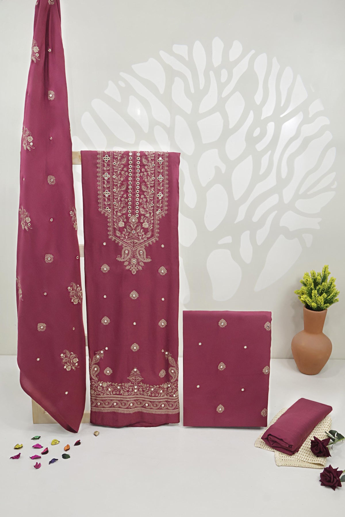 3Piece - Embroidered Peach Leather Suit WWRV1201