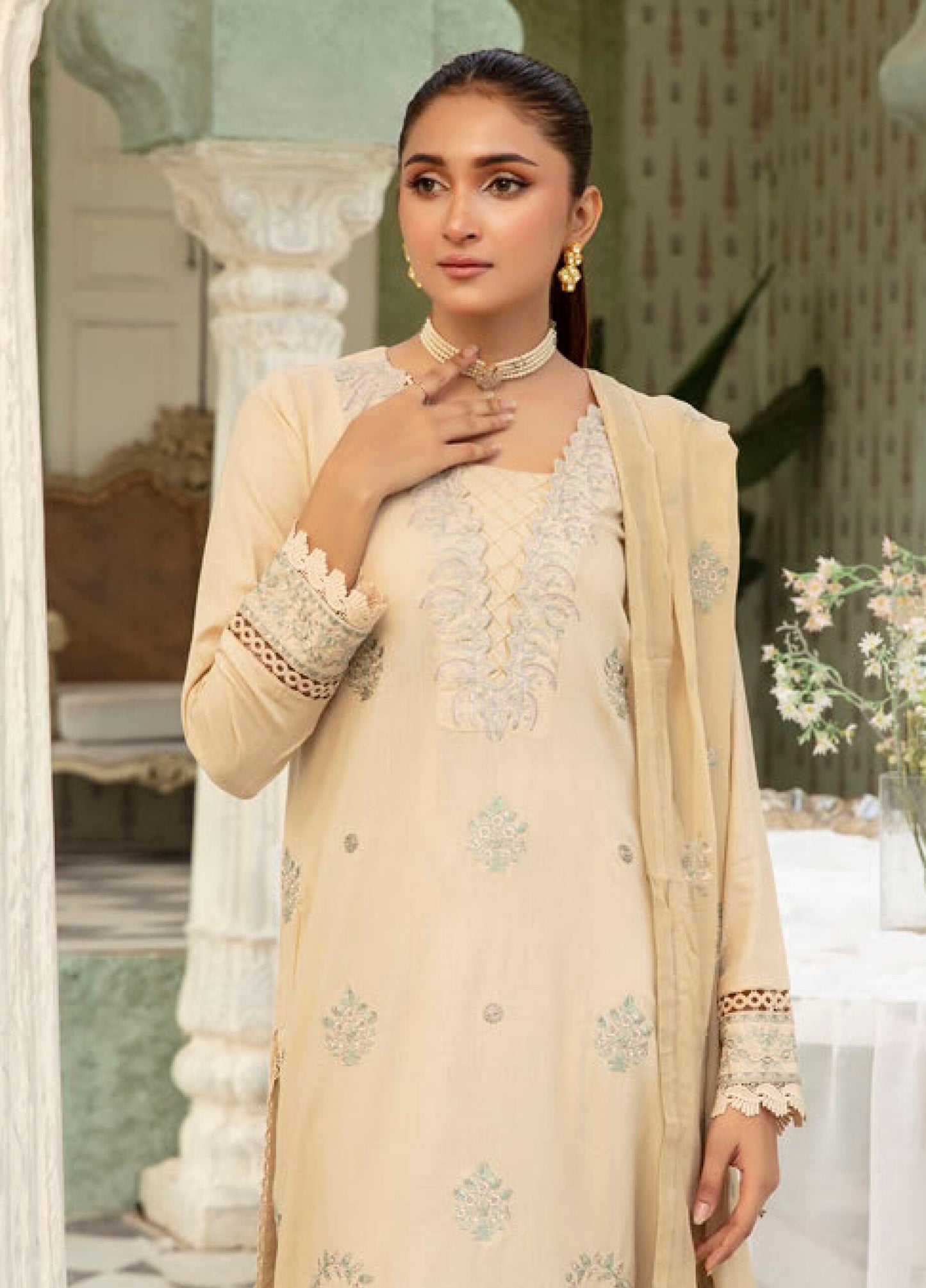 3Piece - Embroidered karandi Suit Mink  JH288