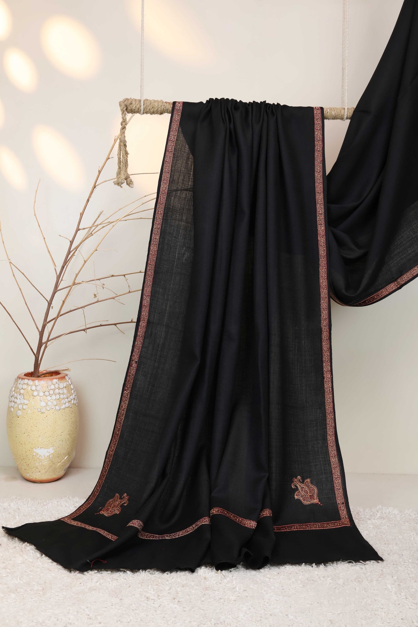 Embroidered Broder Pashmina Black Shawl FG0027 New