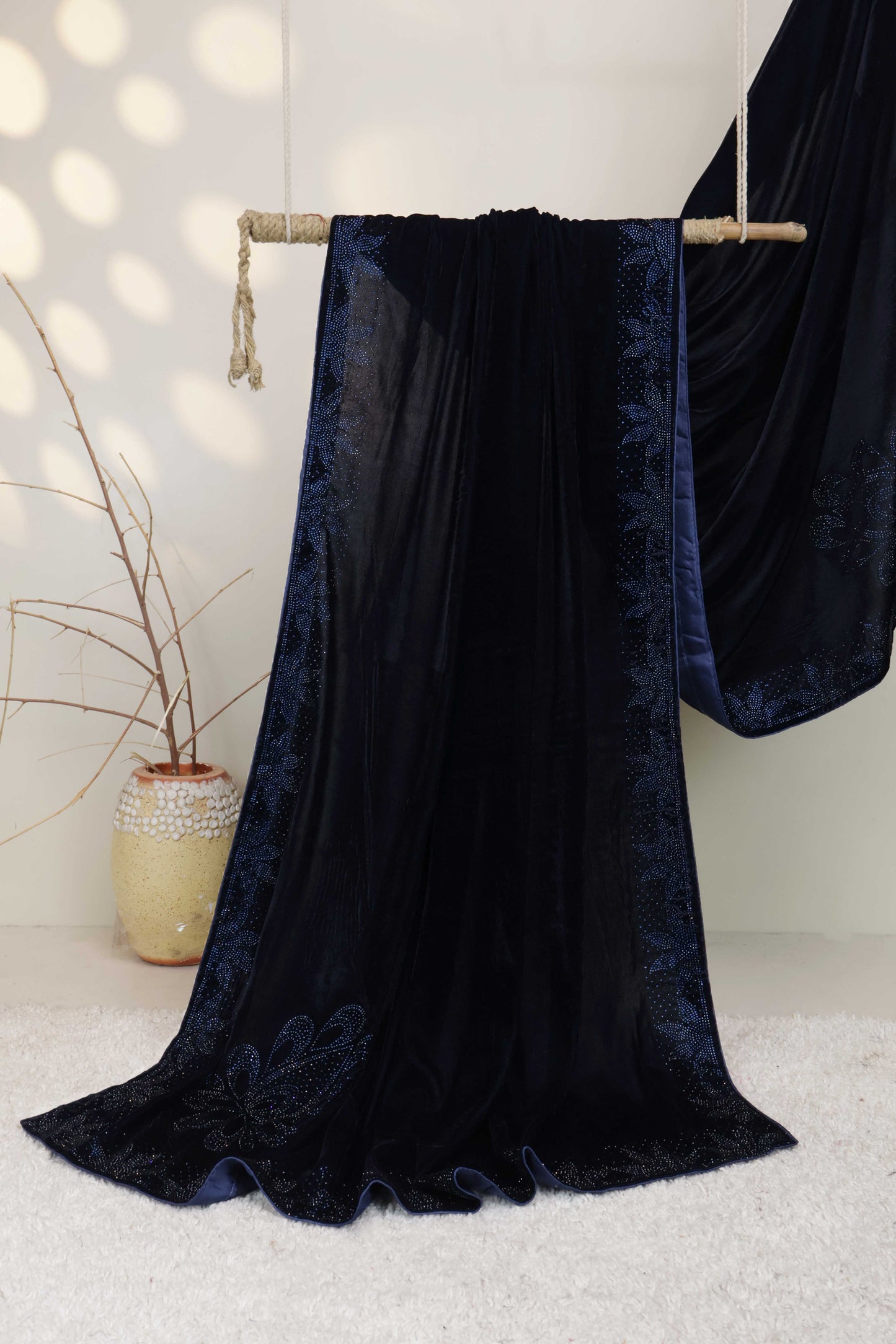 Stone Border Velvet Shawl 2651 Navyblue