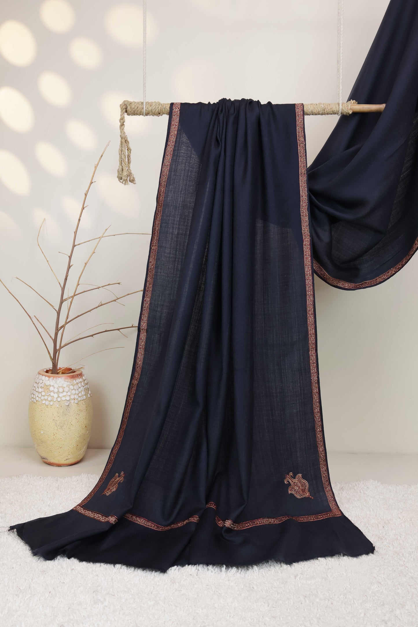 Embroidered Broder Pashmina Black Shawl FG0027-Navyblue