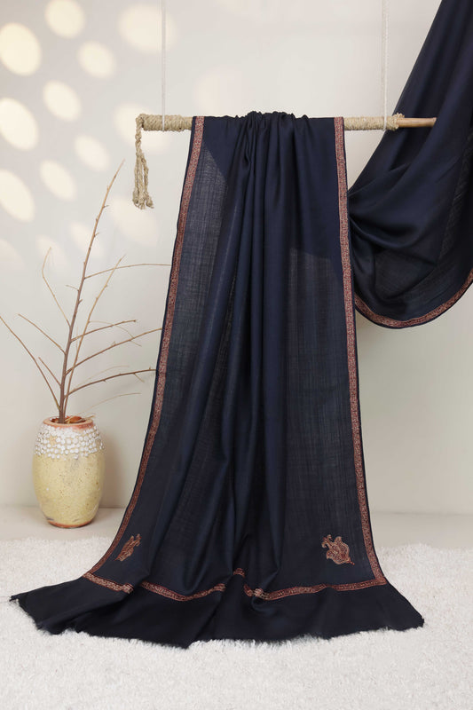 Embroidered Broder Pashmina Black Shawl FG0027-Navyblue
