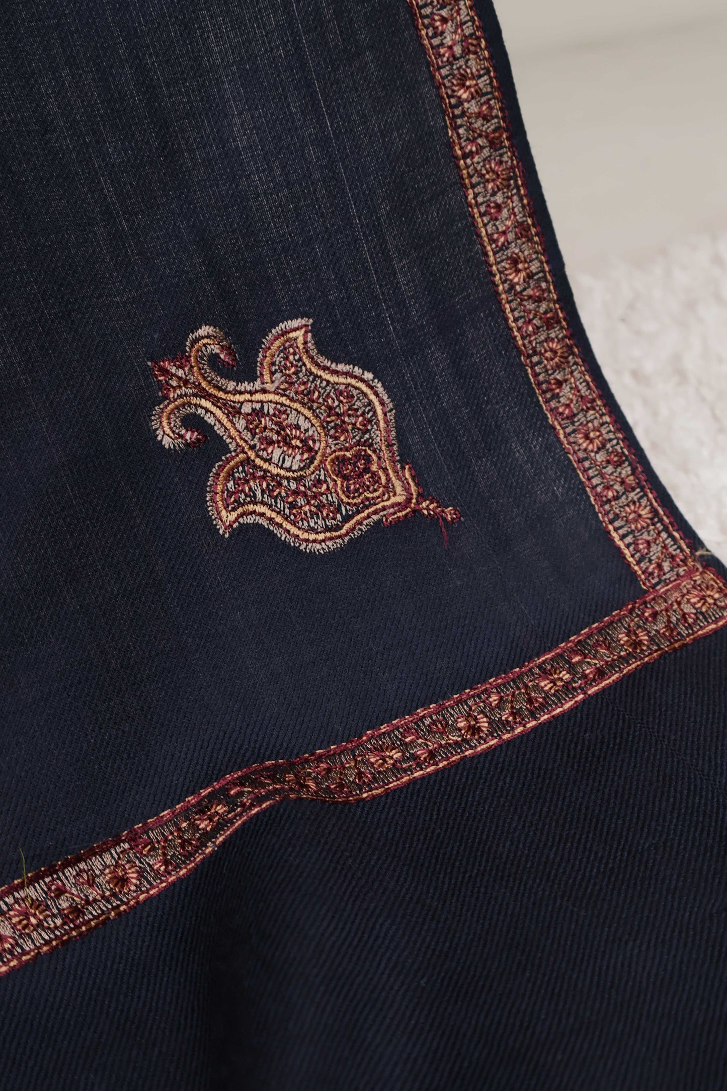 Embroidered Broder Pashmina Black Shawl FG0027-Navyblue