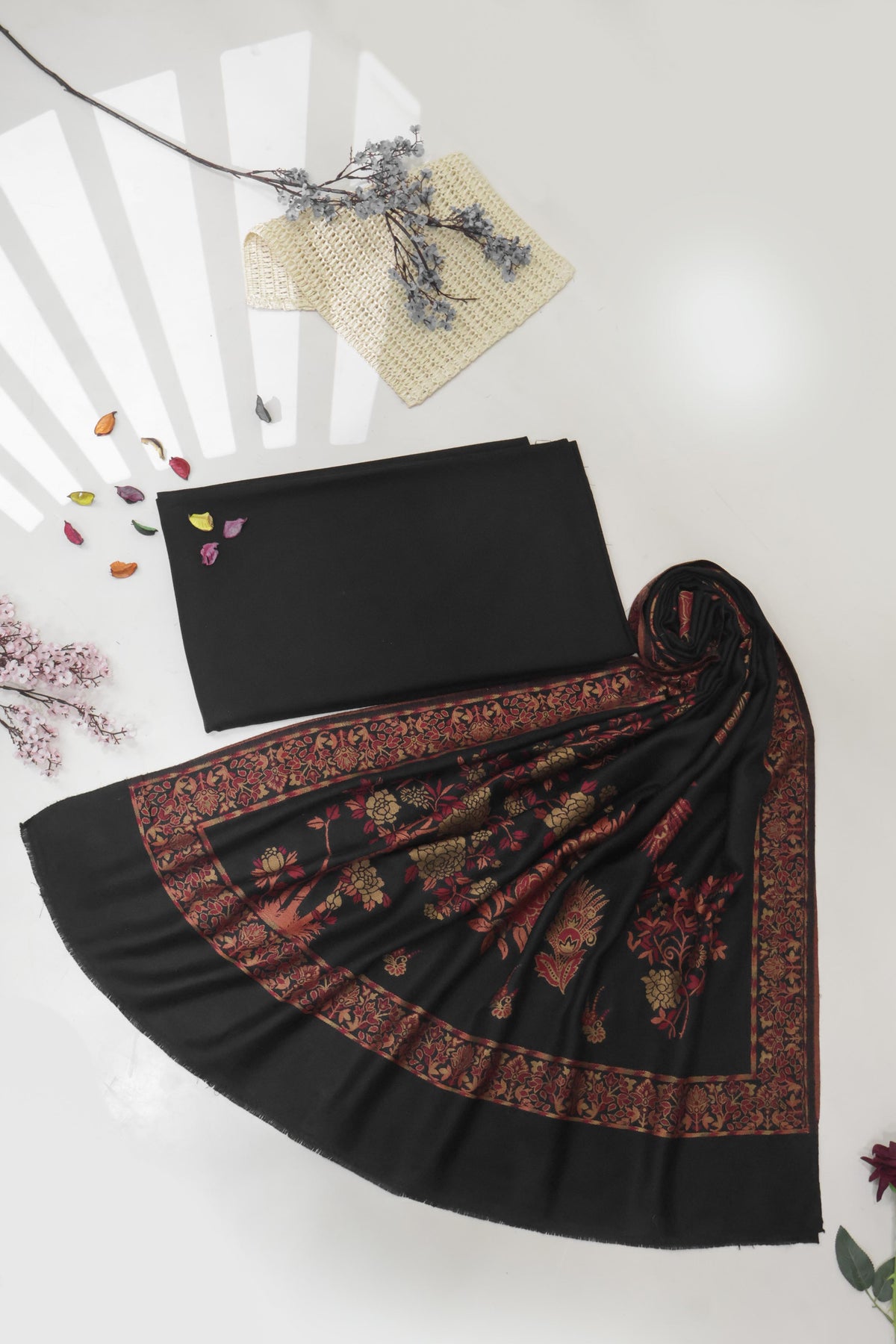 3Piece -Karandi with Pashmina Shawl KP26BLK15