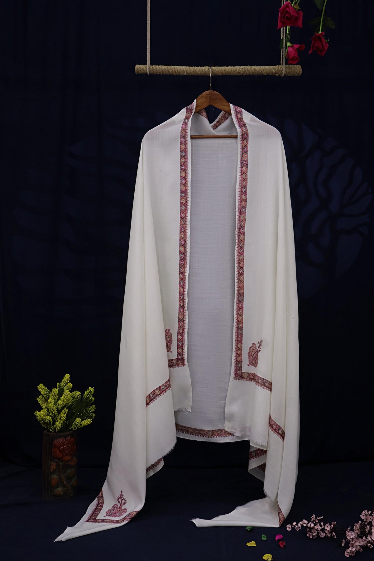 Embroidered Broder Pashmina Shawl  3898 Cream B