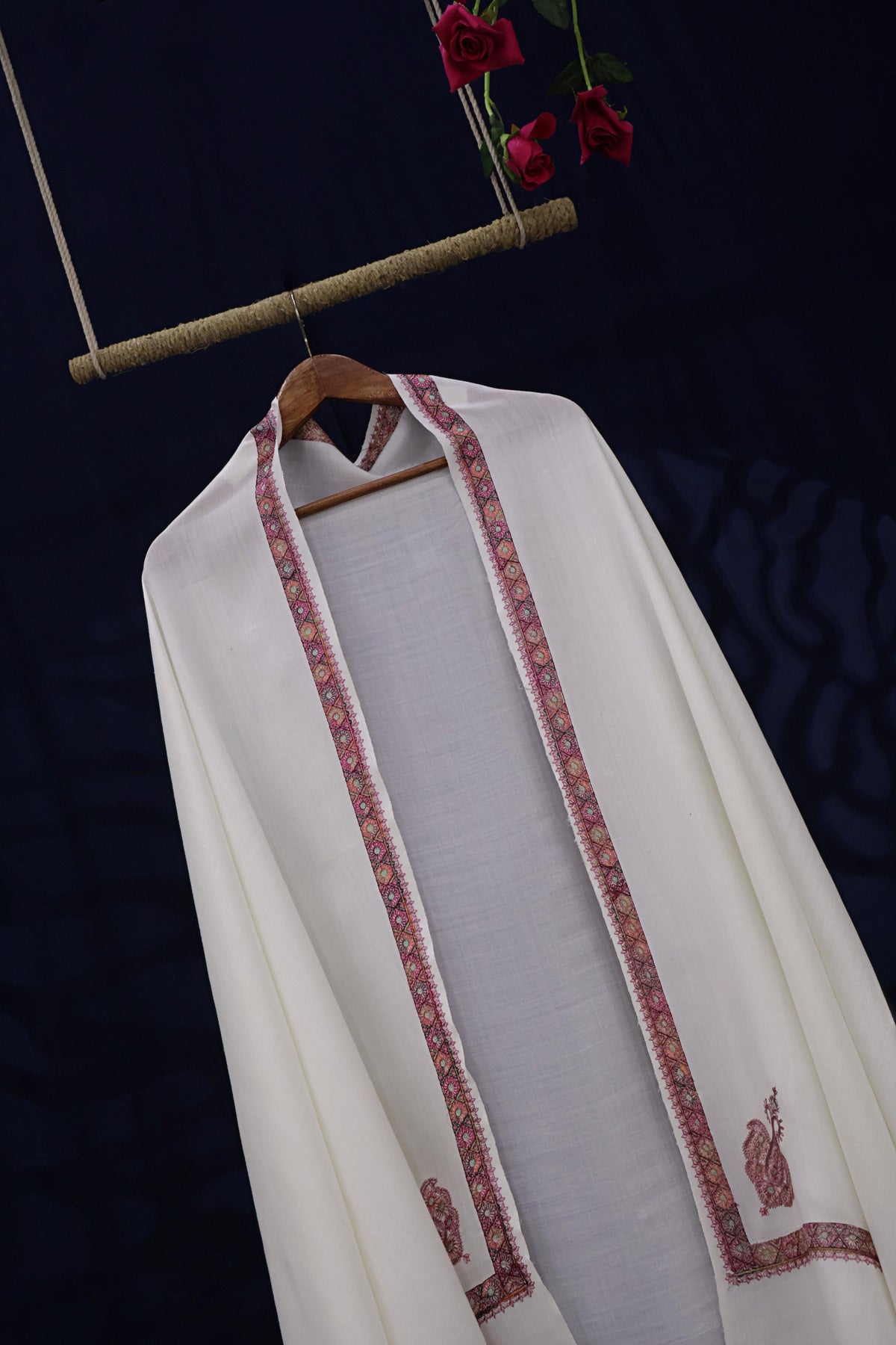 Embroidered Broder Pashmina Shawl  3898 Cream B