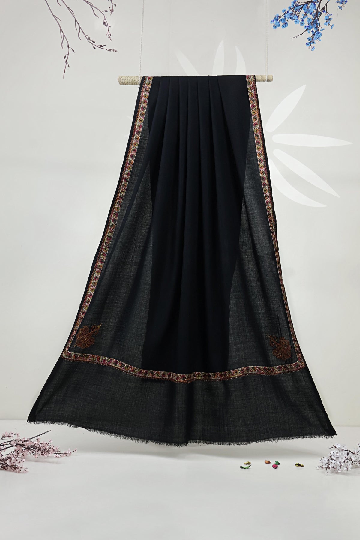 Embroidered Broder Pashmina Shawl  3898 Black