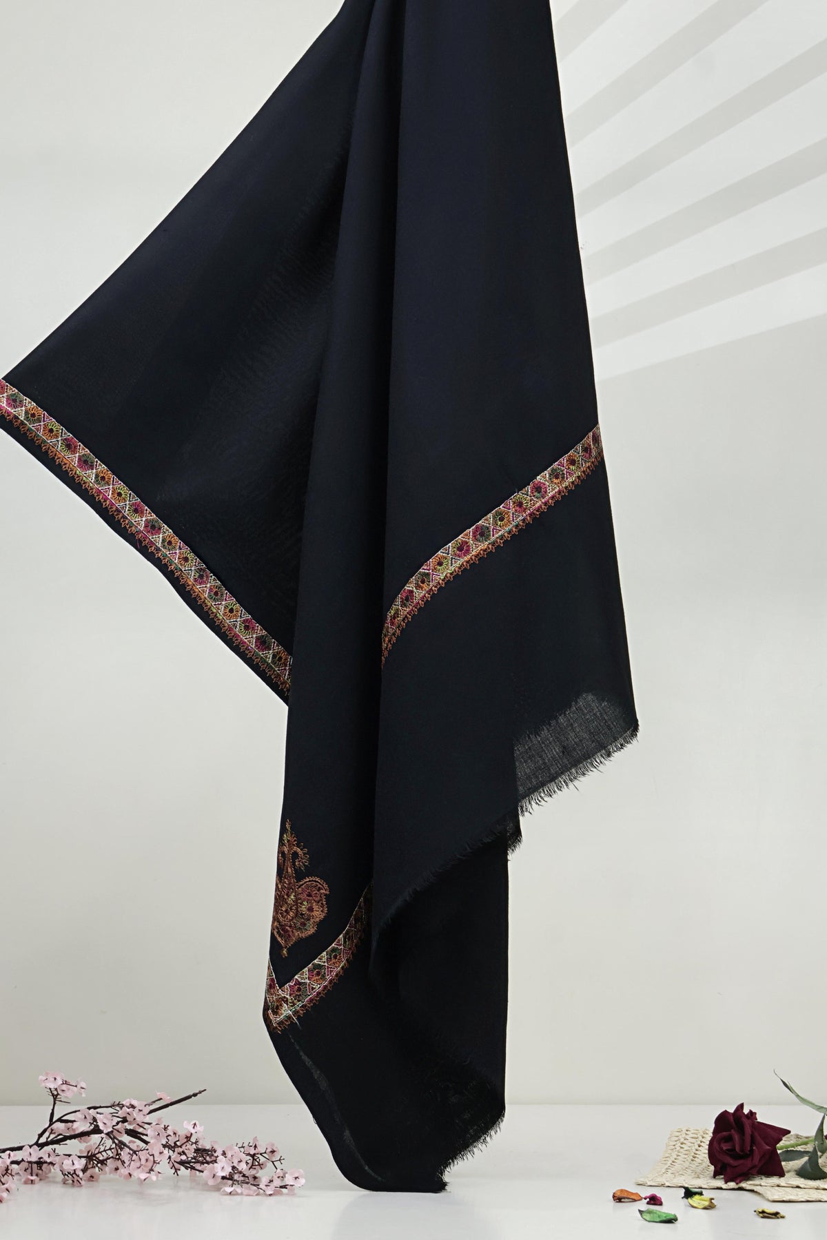 Embroidered Broder Pashmina Shawl  3898 Black